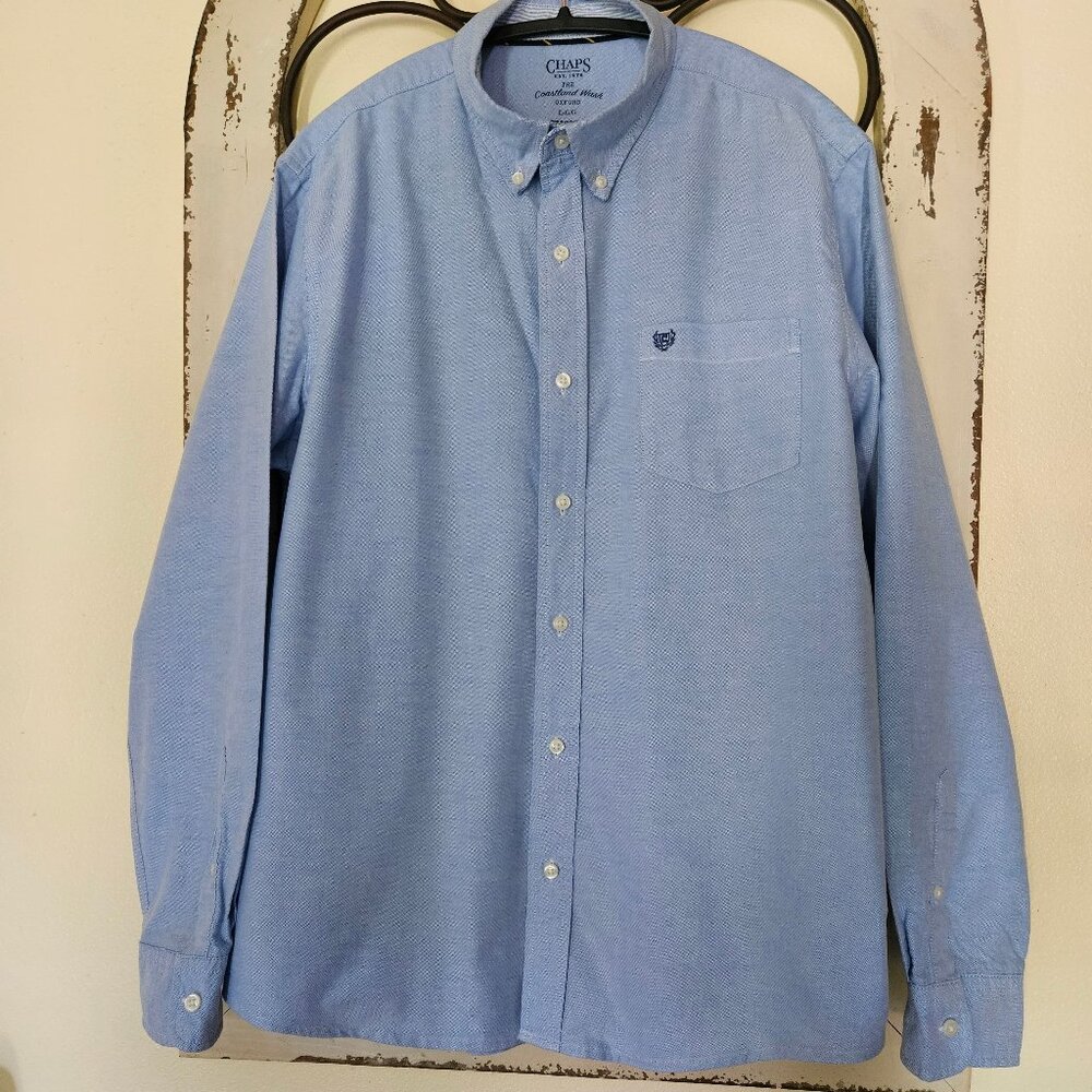 Chaps Men`s Blue Coastland Wash Long Sleeve Collared Oxford Shirt L